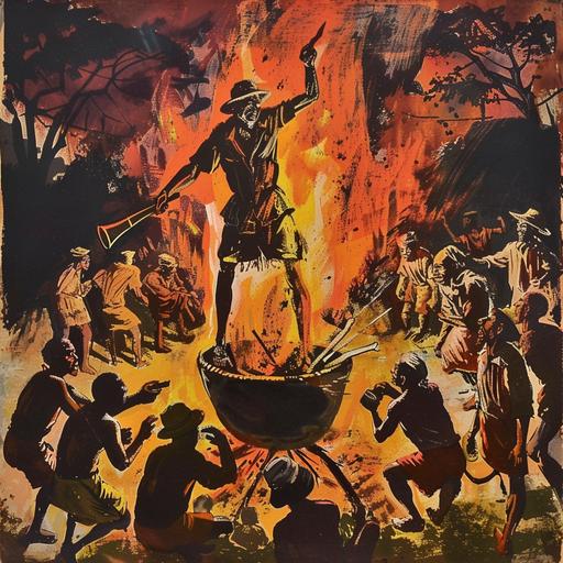 In Africa, a missionary is being cooked alive in a large cauldron over a blazing fire, surrounded by the indigenous people --s 50