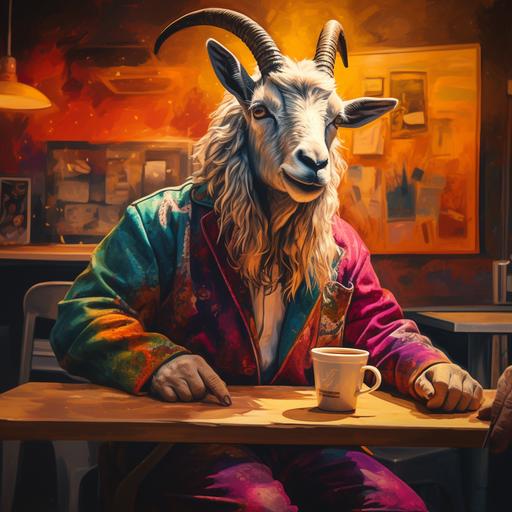 a portrait of a futurist goat animal in a colorful mafia suit making a latte in coffee shop