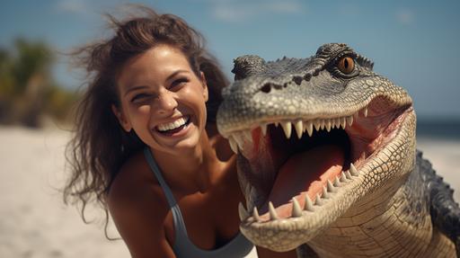 In Florida una ragazza e un coccodrillo sorridenti si fanno fotografare sulla spiaggia divertiti, high quality photorealistic style, 8k, realistic textures --ar 16:9 --v 5.2
