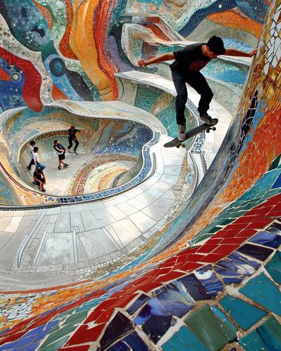 In Gaudí mosaic-covered paris skate club, a group play a gravity-defying game, jumping effortlessly between the walls and floor --style raw --chaos 20 --ar 4:5 --v 6.0