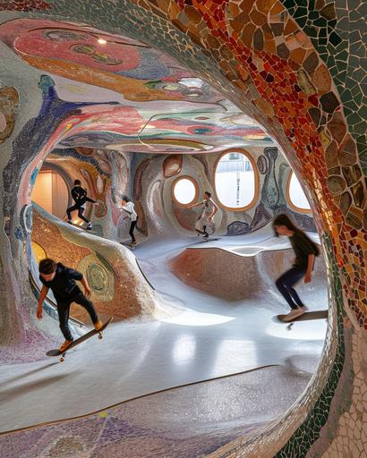 In Gaudí mosaic-covered paris skate club, a group play a gravity-defying game, jumping effortlessly between the walls and floor --style raw --chaos 20 --ar 4:5 --v 6.0