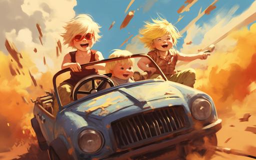 In Studio Ghibli style on a bright sunny day two blonde toddler boys and one blonde toddler girl are racing three convertible cars in the style of Mad Max Fury Road --ar 8:5