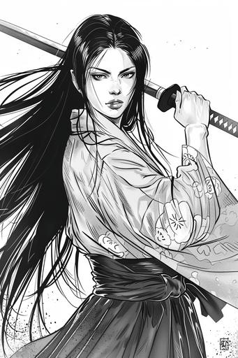 In Takehiko Inoue Manga Style, A mature woman with long black hair wearing a Japanese kimono, wielding a katana sword. Dynamic pose, Black and white. Seinen manga, Retro manga, Halftone, Lineart, Illustration, Contrast, vagabond manga, artstation, 4k --ar 2:3 --stylize 75 --style raw