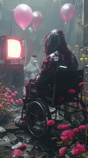 In a Beeple-inspired chamber of shadows, a figure with alabaster skin sits in a wheelchair, their visage unnervingly dripping like molten plasticine, exposing vine-like innards. Black and white balloons drift in the gloom, with a flickering television hoisted by pink balloons shedding light on the grotesque transformation. Purple chrysanthemums dot the scene, captured in a large mirror that reflects the surreal horror unfolding 3d rendering with hyper realistic features --ar 9:16 --s 750 --v 6.0 --style raw