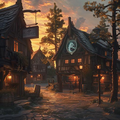 In a Dungeon and Dragon type heroic fantasy universe, a tavern in a hamlet of a few wooden houses, sunset light with shades of orange. The tavern's sign is a white dragon engraved on a dark board. Rich details, 4k, 16:9 ratio