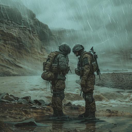 In a barren desert river, semi-rocky ground, two soldiers standing in full gear looking at each other, rain, heavy, huge, surreal, hidden horror, aerial view, soldiers facing each other, one holding his friend’s shoulder, cinematic, unearthly. red ribbon