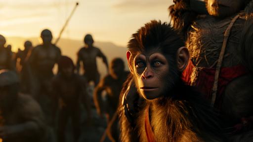 In a cinematic sequence set on the Planet of the Apes, Sun Wukong, the Monkey King, tours a human zoo as signs of an impending revolt simmer. Golden, setting sun bathes the scene with long shadows. Camera moves with him, selective focus on Sun Wukong's expressive face amidst oppressive atmosphere, subtle hints of rebellion emerge, contrasting reactions from fellow apes and captive humans add to the tension, creating a visually compelling narrative of intrigue and impending uprising --ar 16:9 --c 10