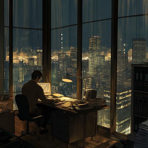 In a cozy, warmly lit office designed with sleek Vitra and Eames-inspired furniture, a young investment banker works late into the night. Surrounded by charts and the glow of desk lamps, this scene set high in a skyscraper overlooks a darkened city park, offering a tranquil contrast to the bustling city beyond. The office, a blend of modern elegance and wooden warmth, reflects a dedication that shines as brightly inside as the city lights do outside. It's a magical Studio Ghibli-inspired style, anime, manga, hand-drawn, of professionalism meeting serene urban beauty. 1:2 --v 6.0