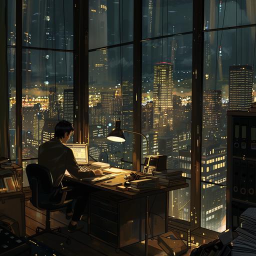 In a cozy, warmly lit office designed with sleek Vitra and Eames-inspired furniture, a young investment banker works late into the night. Surrounded by charts and the glow of desk lamps, this scene set high in a skyscraper overlooks a darkened city park, offering a tranquil contrast to the bustling city beyond. The office, a blend of modern elegance and wooden warmth, reflects a dedication that shines as brightly inside as the city lights do outside. It's a magical Studio Ghibli-inspired style, anime, manga, hand-drawn, of professionalism meeting serene urban beauty. 1:2