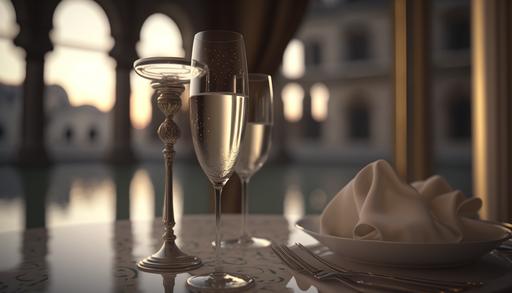 In a formal dinner setting of a 5-star luxury hotel, a champagne flute placed right of the water goblet 4k, realistic --ar 16:9 --v 4