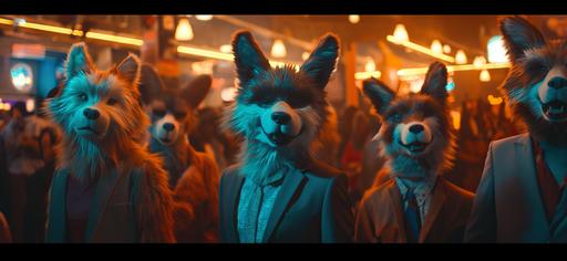 In a hyperpop-infused wonderland, a group of people adorned in mesmerizing animal costumes come together for an electrifying dance party. The scene unfolds in the style of found footage, where dark amber and blue hues create a hypnotic atmosphere. The influence of [Toby Fox]( adds a unique touch of artistry, blending seamlessly with the xmaspunk vibes. A kinetic light artist weaves their magic amidst the lively tavern scenes, guided by the creative spirit of [Gail Simone]( The entire spectacle is captured in a stunning 128:59 aspect ratio. In another corner of this hyperpop dreamscape, people don animal costumes, finding themselves on the floor of IMAX cinemas and H club. The synthpunk style envelopes the scene with dark brown and blue aesthetics, while found footage and found video elements add a sense of nostalgia. Manapunk influences infuse the atmosphere with an otherworldly charm, complemented by the kinetic light artist's creations. Caninecore adds an unexpected twist to this surreal setting, all captured within the captivating frame of 128:59. Elsewhere, three women don fur animal costumes, striking a pose for a picture that emanates flickering light effects. The scene embodies the essence of the blue rider, with found footage and found video aesthetics creating a sense of timelessness. Bronzepunk influences infuse the scene with a unique allure, and the lively tavern scenes come to life with the artistic touch of [Emma Ríos]( and [Ben Wooten]( This moment is captured beautifully within a 128:59 aspect ratio. Lastly, a dog mascot costume takes center stage, basking in [...]