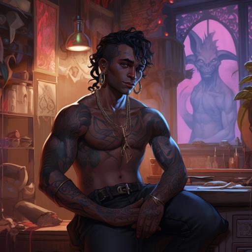 In a magical tattoo parlor, a male tiefling bard with dark skin, shirt is open to display a large, glowing, arcane tattoo on his chest.