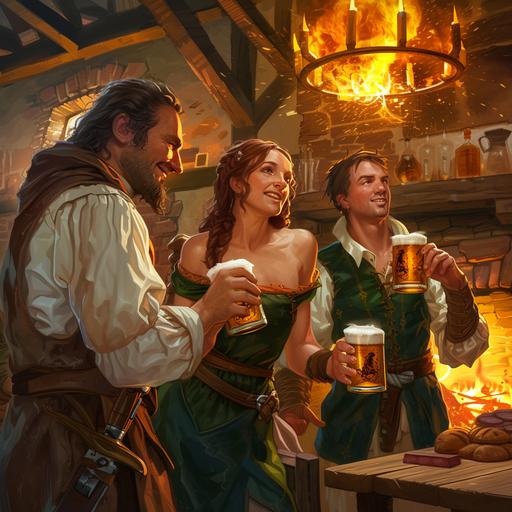In a medieval tavern, three visibly drunk men drink mugs of beer, while a minstrel juggles in the background. A waitress carries a tray of charcuterie, and in the background, there is a fireplace with a lively fire --s 50 --v 6.0