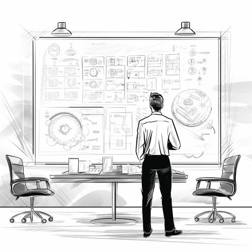 In a meeting room, the project manager stands in front of a whiteboard filled with tasks and deadlines, trying to explain the complicated project plan to a team that seems pretty confused, black and white continuous minimal line art realistic features