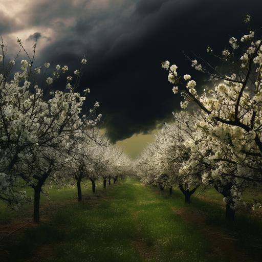 In a pear orchard, white pear blossoms and green leaves add radiance to each other, Dark moody lighting, plane symmetry, Two-dimensional, 32K, hyper quality