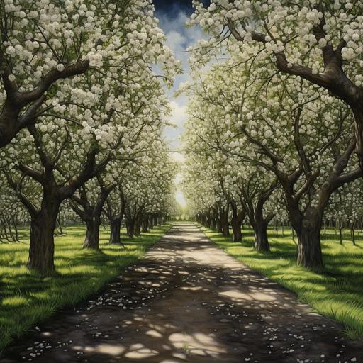 In a pear orchard, white pear blossoms and green leaves add radiance to each other, Dark moody lighting, plane symmetry, Two-dimensional, 32K, hyper quality
