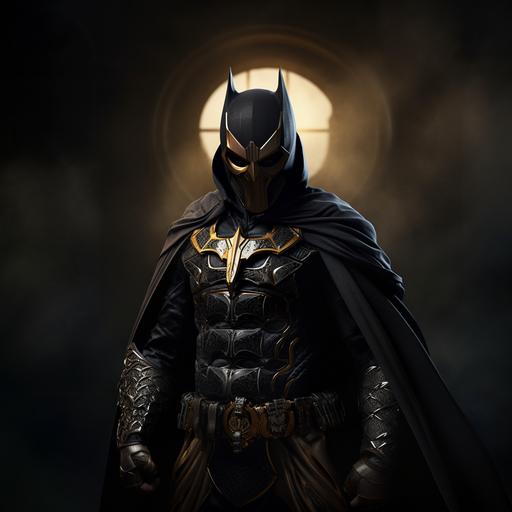 In a photorealistic fusion, create a character that combines the traits of Batman and Doctor Strange. The character wears a black tactical armor with Batman's iconic mask, blending Batman's aesthetics with the mystical elements of Doctor Strange. Their face is partially concealed by the mask, and they have a flowing cloak. They stand on a rooftop overlooking a dark cityscape. The color palette is dark and cool, with occasional pops of vibrant green or purple accents. The image showcases detailed textures and strong lighting for a visually impactful effect. This fusion character captures the visual essence of both Batman and Doctor Strange, incorporating Batman's iconic mask to create a compelling and visually appealing representation.
