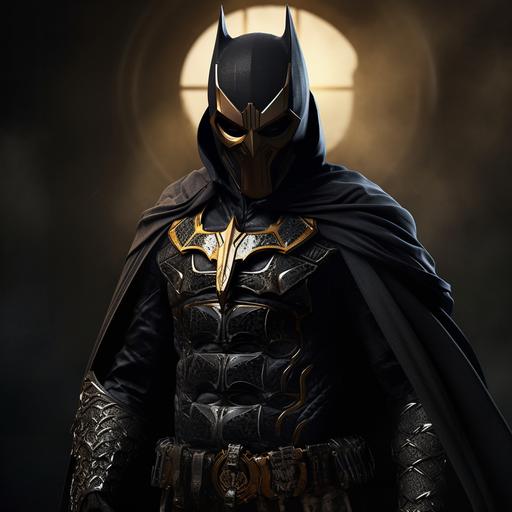 In a photorealistic fusion, create a character that combines the traits of Batman and Doctor Strange. The character wears a black tactical armor with Batman's iconic mask, blending Batman's aesthetics with the mystical elements of Doctor Strange. Their face is partially concealed by the mask, and they have a flowing cloak. They stand on a rooftop overlooking a dark cityscape. The color palette is dark and cool, with occasional pops of vibrant green or purple accents. The image showcases detailed textures and strong lighting for a visually impactful effect. This fusion character captures the visual essence of both Batman and Doctor Strange, incorporating Batman's iconic mask to create a compelling and visually appealing representation.