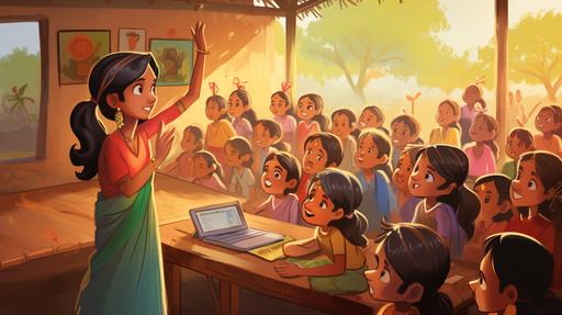 In a quaint rural Indian village, a heartwarming edtech scene unfolds in a vibrant and colorful cartoon illustration. A female teacher, dressed in an elegant sari, stands at the front of a simple rural classroom made of mud walls and thatched roof. The children, wearing cheerful hand-me-down clothes, sit on the floor, eagerly engaging with their solar-powered tablets and laptops. The classroom is adorned with educational posters and drawings made by the students themselves. Sunlight filters through small windows, casting warm rays on the scene. Outside, the village setting comes to life, with lush green fields, grazing cows, and traditional huts dotting the landscape. The air carries the scent of blooming flowers and the distant sounds of birds chirping. The atmosphere is one of excitement and curiosity as the children actively participate in the interactive learning session. The female teacher, with a beaming smile, encourages them to explore and discover knowledge through the wonders of technology. The cartoon illustration style emphasizes the joy and innocence of childhood, capturing the essence of a close-knit community where education is valued and cherished. The vibrant colors and playful character designs add an extra layer of charm to the scene, making it both visually appealing and emotionally touching. With attention to detail and delightful expressions, the artwork conveys the significance of edtech in empowering young minds and fostering a love for learning in the heart of a rural Indian village. Illustration style: Cartoon illustration. Realization: Digital art using a drawing tablet and software, creating smooth lines, bright colors, and expressive characters. Aspect Ratio: --ar 16:9 --v 5.2