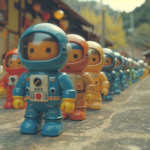 In a quiet suburban neighborhood, an endearing toy astronaut finds itself at a garage sale among a sea of other pre-loved toys. The astronaut toy is filled with determination and hope as it tries to catch the eye of a child who understands its true value. In the background, a colorful cast of other toy characters, each with their unique quirks, strike poses to show off their best features. The garage sale is lively, with families browsing and the sun shining down, casting a warm, cheerful glow on the scene --s 750 --v 6.0