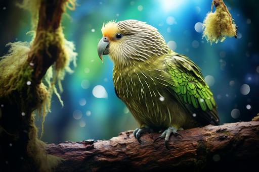 In a secluded glade, where the sun's rays pierce through the leafy canopy and the babbling brooks sing their ageless songs, the most resplendent kakapo ever known makes its presence felt. This bird's feathers shimmer, reflecting the very soul of the land – the blue of the oceans, the gold of the sand, and the green of the lush meadows. Its gaze is enchanting, drawing you into tales of ancient times when the world was young. When this kakapo calls out, its voice is a symphony, a blend of nature's most beautiful sounds, echoing the purity and wonder of the world it inhabits. --ar 3:2