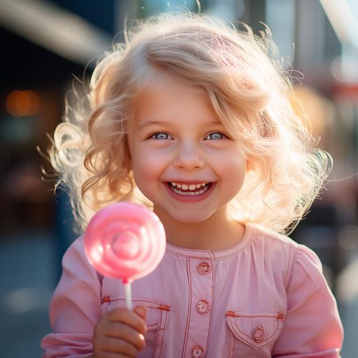 In a sun-kissed playground, a blonde haired child with blue eyes gleefully licks a very small pink rounded lollipop. The scene is captured with a photorealistic touch, Sony α7 III camera brings her joyful expression to life, making this delightful moment one to cherish.