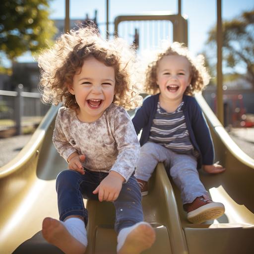 In a sunny playground, two children are playing together. The older child, a three-year-old boy with curly brown hair, is sitting on a swing. He is laughing and kicking his legs in the air. The younger child, a one-year-old girl, is sitting on a slide. She is holding on to the sides of the slide and smiling. The playground is surrounded by flowers and trees. The flowers are in bloom, and the trees are green and lush. The sun is shining brightly, and the birds are singing. The two children are having a great time. They are laughing and playing, and they are enjoying the beauty of the day.