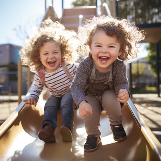 In a sunny playground, two children are playing together. The older child, a three-year-old boy with curly brown hair, is sitting on a swing. He is laughing and kicking his legs in the air. The younger child, a one-year-old girl, is sitting on a slide. She is holding on to the sides of the slide and smiling. The playground is surrounded by flowers and trees. The flowers are in bloom, and the trees are green and lush. The sun is shining brightly, and the birds are singing. The two children are having a great time. They are laughing and playing, and they are enjoying the beauty of the day.