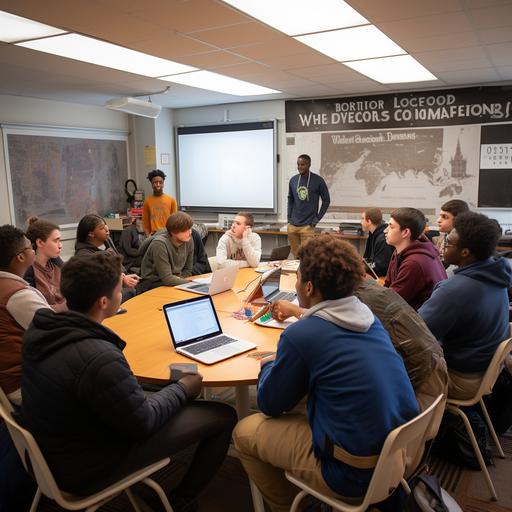 In a well-lit classroom, a Constitution poster hangs prominently on the wall, its text weathered by time. In the foreground, a diverse group of middle and high school students sit in a semi-circle, each engaged in the lesson. Laptops and notebooks open, they participate in a discussion led by the teacher, standing at the center. The image captures the active exchange of ideas related to the Constitution's principles, such as separation of powers, federalism, limited government, and individual rights. The walls showcase student artwork depicting the interplay between nature and freedom, offering a visual link between Constitutional principles and Pagan beliefs. The overall scene illustrates a dynamic learning environment, where students explore fundamental concepts through dialogue and study.
