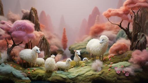 In a whimsical world crafted from the soft touch of needle felted harmony, a serene and picturesque version of our own world, where peace reigns supreme, anime, tale of unity and understanding among diverse cultures and creatures, cinematic, realistic photo, --ar 16:9