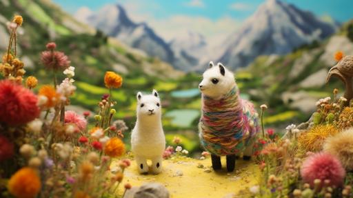 In a whimsical world crafted from the soft touch of needle felted harmony, a serene and picturesque version of our own world, where peace reigns supreme, anime, tale of unity and understanding among diverse cultures and creatures, cinematic, realistic photo, --ar 16:9