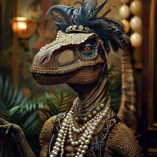 In a world where dinosaurs have returned and coexist with humanity, a T-Rex wearing a roaring 20s art deco flapper dress, complete with pearls and a feathered headband, becomes an unlikely jazz sensation in New York City's underground music scene - art deco clothing just rulez