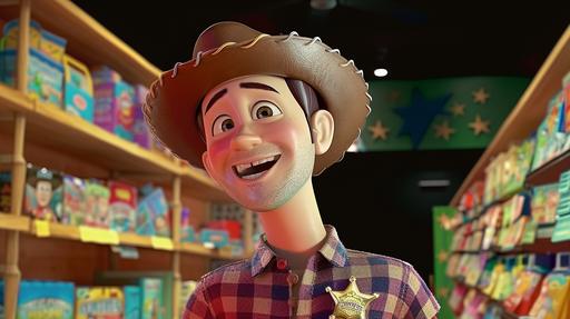 In an animated scene set in a vibrant and bustling toy store, a cowboy toy stands tall, adorned in a classic western ensemble of a checkered shirt, denim jeans, and a brown cowboy hat. His attire is complemented by a sheriff's badge gleaming proudly on his chest. With a confident stance and a warm smile, he surveys the bustling activity around him, surrounded by shelves stocked with colorful toys and eager children exploring the aisles. Notably, a charming gap in his teeth adds character to his grin, giving him a distinctive and endearing appearance. As he speaks, his faded voice, weathered by countless adventures, adds to his authenticity. Despite the lively atmosphere, there's a sense of calm and reassurance emanating from the cowboy toy, as if he's the steadfast guardian of fun and adventure in this whimsical world of imagination. --ar 16:9 --v 6.0