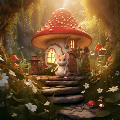 In an enchanted forest, there is a mushroom house, there lives a small white mouse named Millie. 8K high detail