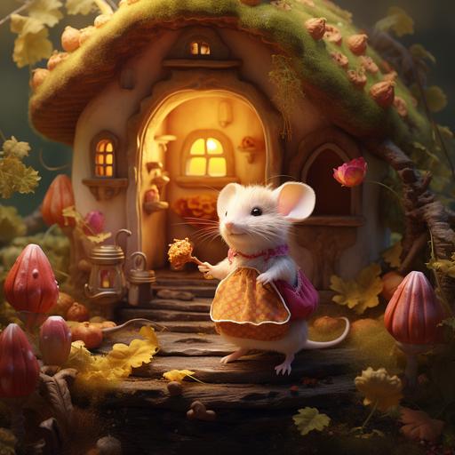 In an enchanted forest, there is a small white mouse, wearing a pink and yellow dress with pockets. She is outside in front of her mushroom house. Ultra realistic.