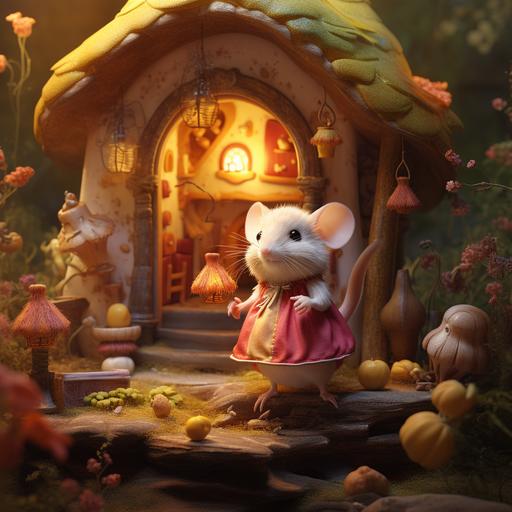 In an enchanted forest, there is a small white mouse, wearing a pink and yellow dress with pockets. She is outside in front of her mushroom house. Ultra realistic.