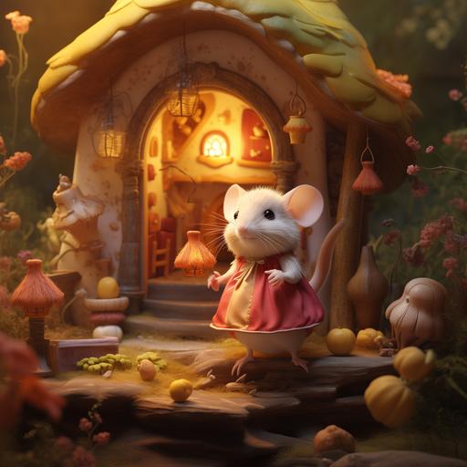 In an enchanted forest, there is a small white mouse, wearing a pink and yellow dress with pockets. She is outside in front of her mushroom house. Ultra realistic.