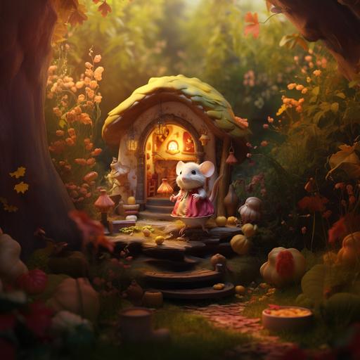 In an enchanted forest, there is a small white mouse, wearing a pink and yellow dress with pockets. She is outside in front of her mushroom house. Ultra realistic.