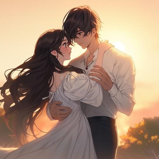 In an outdoor setting, there is a warm yellow sunset-lit sky. A male character with wavy black hair is dressed in a white shirt and has a gentle, affectionate gaze. Facing him is a mysterious female character with long flowing black hair. She is wearing an elegant dress that reveals her arms. Her face is partly covered by hair as she leans into the man's embrace. The style of the scene is paparazzi-shot, capturing both characters from head to waist. The background features a grassy field and a blurred forest, creating a romantic atmosphere:: --niji 5