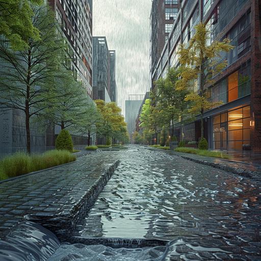 In an urban environment, the water cycle unfolds uniquely and photorealistically. In the scene, rainwater flows through a cobblestone street, collecting in small puddles that reflect the overcast grey sky. Tall buildings of concrete and glass rise on both sides of the street, while gutters and downspouts direct water from the rooftops downward, adding to the flow running along the sidewalks. Along the street, urban trees planted in designated spaces capture rainwater with their leafy canopies, slowing its descent to the ground. Below, a visible and advanced drainage system efficiently channels the water, preventing flooding and guiding it towards local water treatment facilities. The interaction of natural elements with the urban infrastructure highlights the ongoing and dynamic water cycle within the cityscape. --s 250