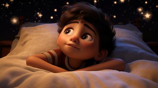 In animated pixar and Disney studio style, A 3 year old latino boy with brown hair and brown eyes laying in bed, dreaming of Santa's summer adventures in a bedroom --ar 16:9