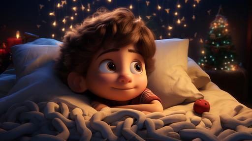 In animated pixar and Disney studio style, A 3 year old latino boy with brown hair and brown eyes laying in bed, dreaming of Santa's summer adventures in a bedroom --ar 16:9