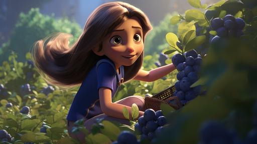 In animated pixar and Disney studio style, A picture of A skinny 3 year old girl with long brown hair and brown eyes picking blueberries in a berry bush --ar 16:9