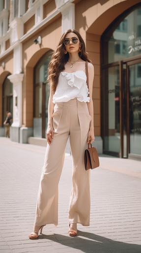 In front of a sunny department store, a flowing long-haired French-Russian mixed fashion beauty with big eyes, dressed in light coffee color sleeveless, white trousers with long legs and high heels, ruffles her hair with her hands. Walking and shooting --ar 9:16 --v 5