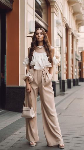 In front of a sunny department store, a flowing long-haired French-Russian mixed fashion beauty with big eyes, all dressed in light coffee color sleeveless white trousers with long legs and high heels on her feet, ruffles her hair with her hands. Walking and shooting --ar 9:16 --v 5