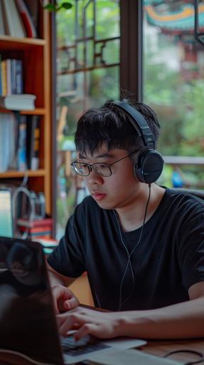 In front of me is a young handsome young Chinese guy wearing a T-shirt sitting at the desk, wearing headphones and focusing on watching the deep learning video played on the iphd, and taking notes on her notebook from time to time. photographic --ar 9:16