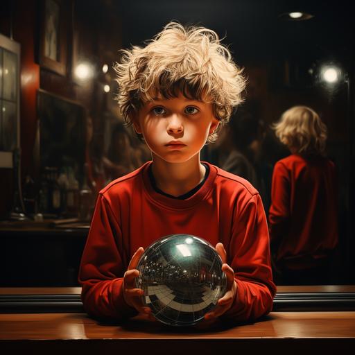In front of the magic mirror, a boy in a football jersey Boy, with a ball in his hand. Realistic --s 250