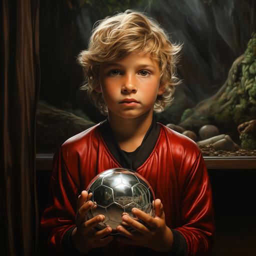 In front of the magic mirror, a boy in a football jersey Boy, with a ball in his hand. Realistic --s 250