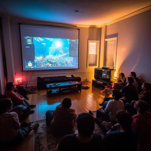 In one corner of the living room, a projector and a white screen are set up. Several friends are gathered on the couch and on the carpet, facing the large projected screen, holding controllers or mice, and fully engrossed in the game. The lighting in the living room has been dimmed to enhance the clarity of the image on the screen, and to create a relaxed atmosphere. Empty beer cans and potato chip bags are scattered on the floor, evidence of the good time they've already had. Some of the friends look tense, perhaps focusing intently on the challenges of the game, while others wear expressions of relaxation and enjoyment. The scene is filled with movement and energy, conveying the joy and camaraderie shared among friends. V5