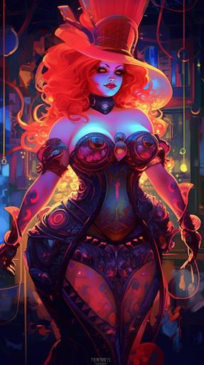 In style of Ori Gherst, baroque extravagance, Muscular, Fat, Big Belly, Thick, feminine, attractive, chubby, Evil, devil, demon, goddess, chubby and attractive jessica rabbit in neon victorian futuristic cowgirl uniform with a pudgy, cybernetic enhancements Full body view, digital painting, 8k --s 750 --v 5.1 --ar 9:16